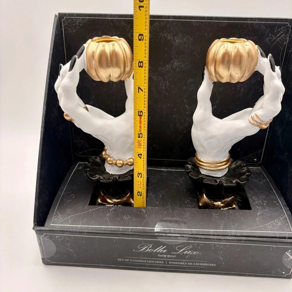 Bella Lux Halloween Skeleton Hand Gold Pumpkin Candle Holder Set of 2 White Gold